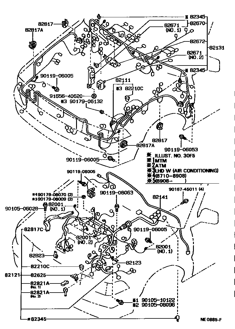 Toyota COROLLA 线束和卡夹 EPC diagram — NE0885F