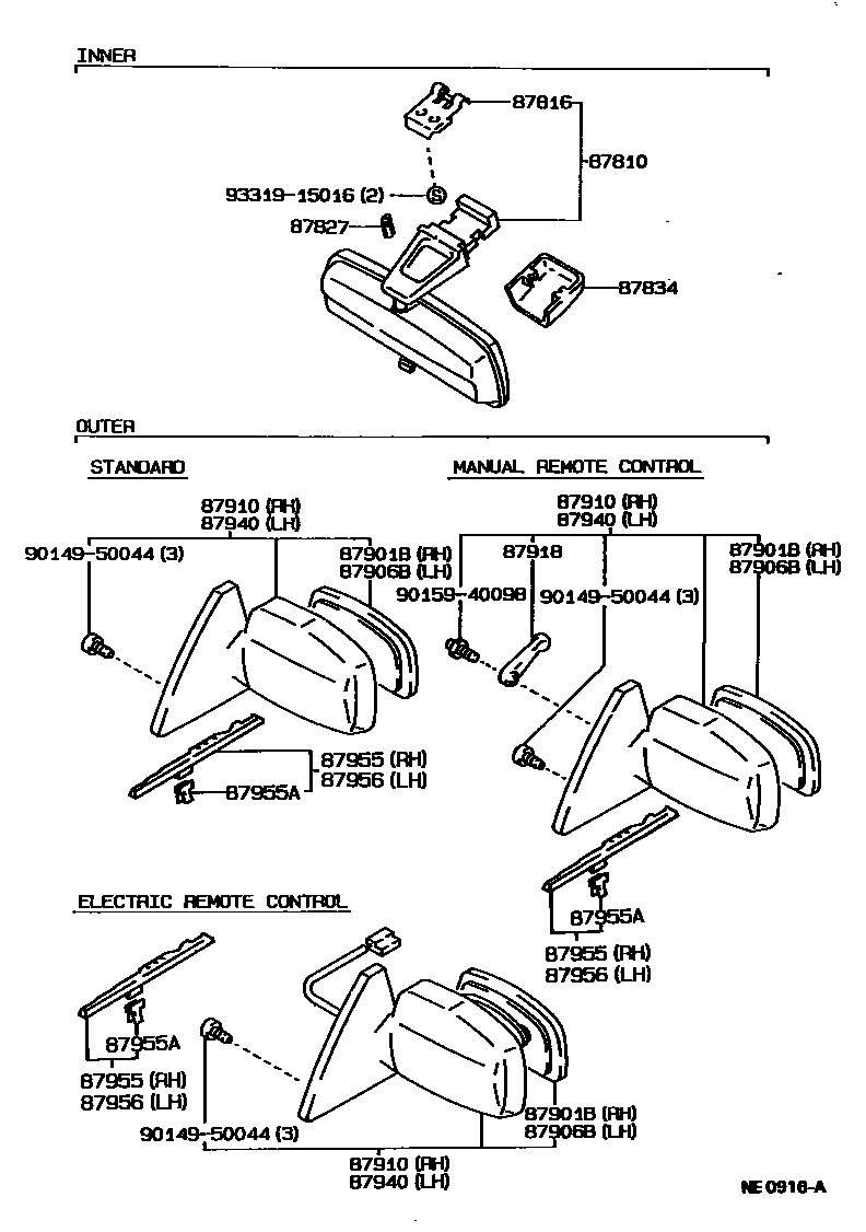 Toyota COROLLA 后视镜 EPC diagram — NE0916A