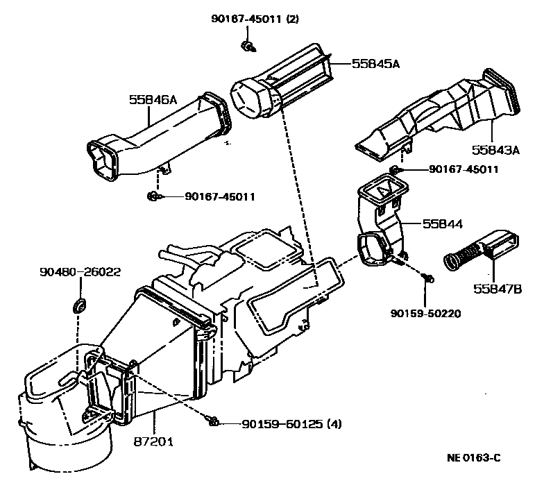 Toyota COROLLA 暖风和空调系统 - 控制器和风管 EPC diagram — NE0163C