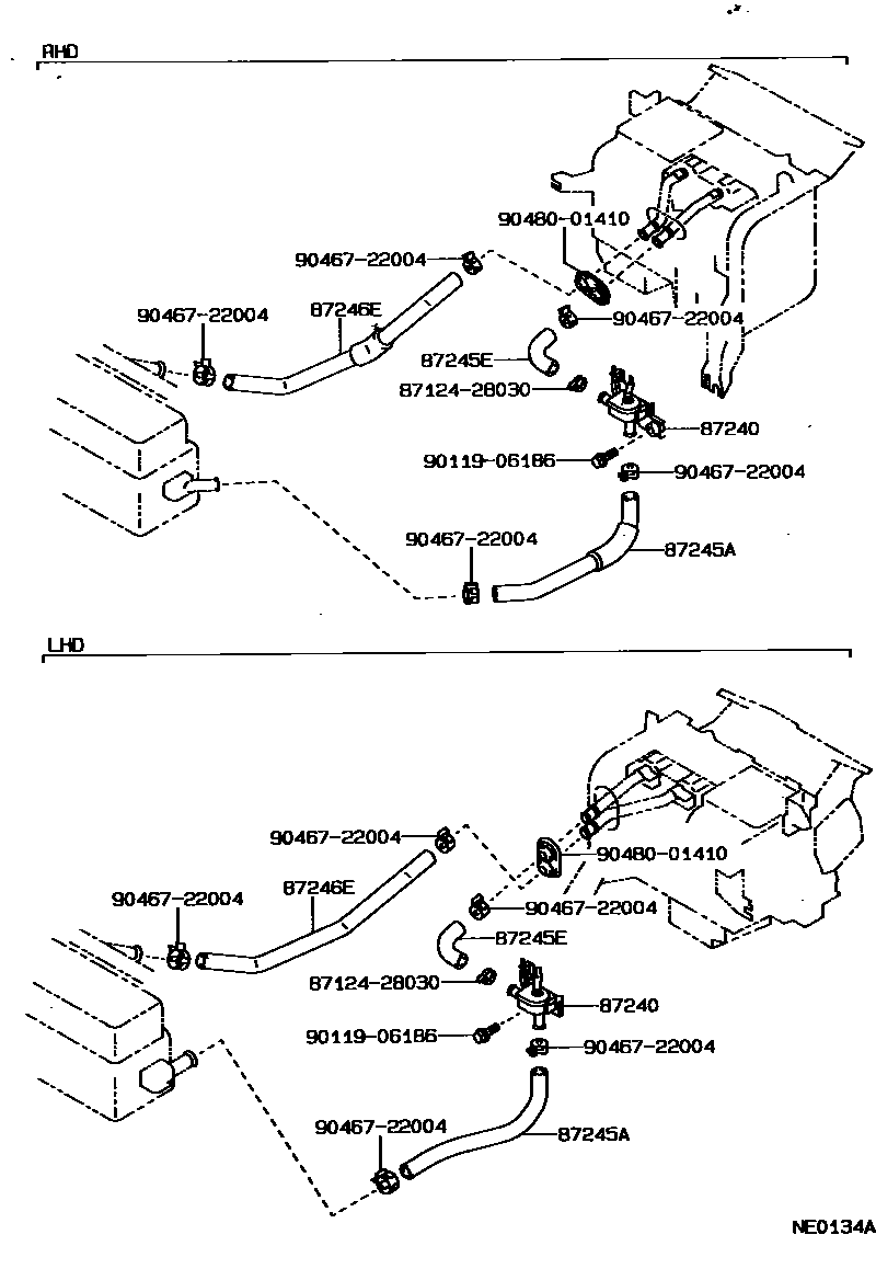 Toyota COROLLA 暖风和空调系统 - 水管 EPC diagram — NE0134A