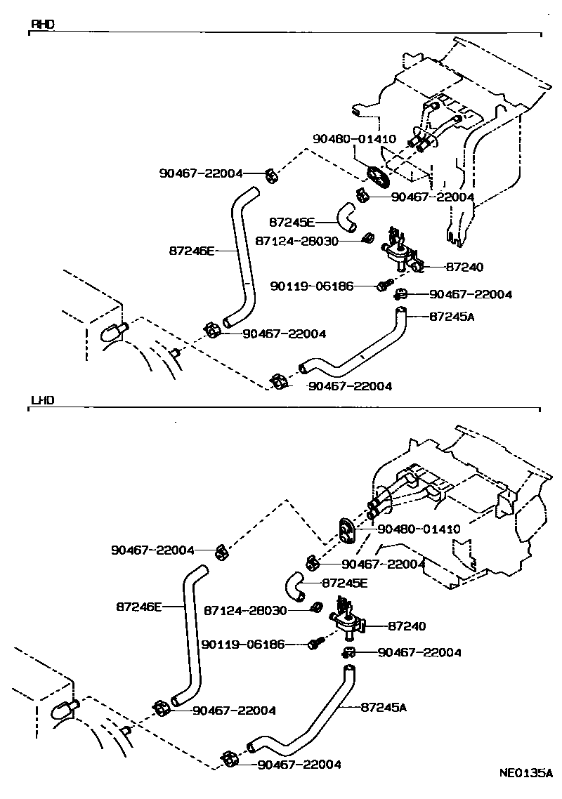 Toyota COROLLA 暖风和空调系统 - 水管 EPC diagram — NE0135A
