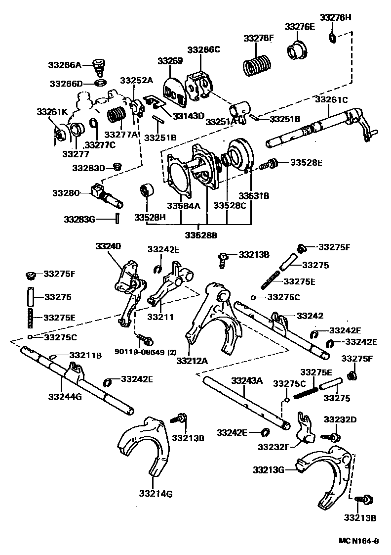 Toyota COROLLA 换档拨叉和换档杆轴(MTM) EPC diagram — MCN164B