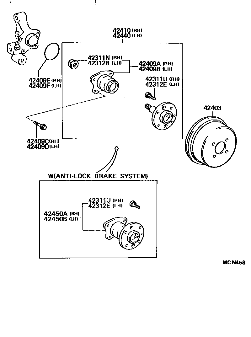 Toyota COROLLA 后桥半轴和后桥轮毂 EPC diagram — MCN458