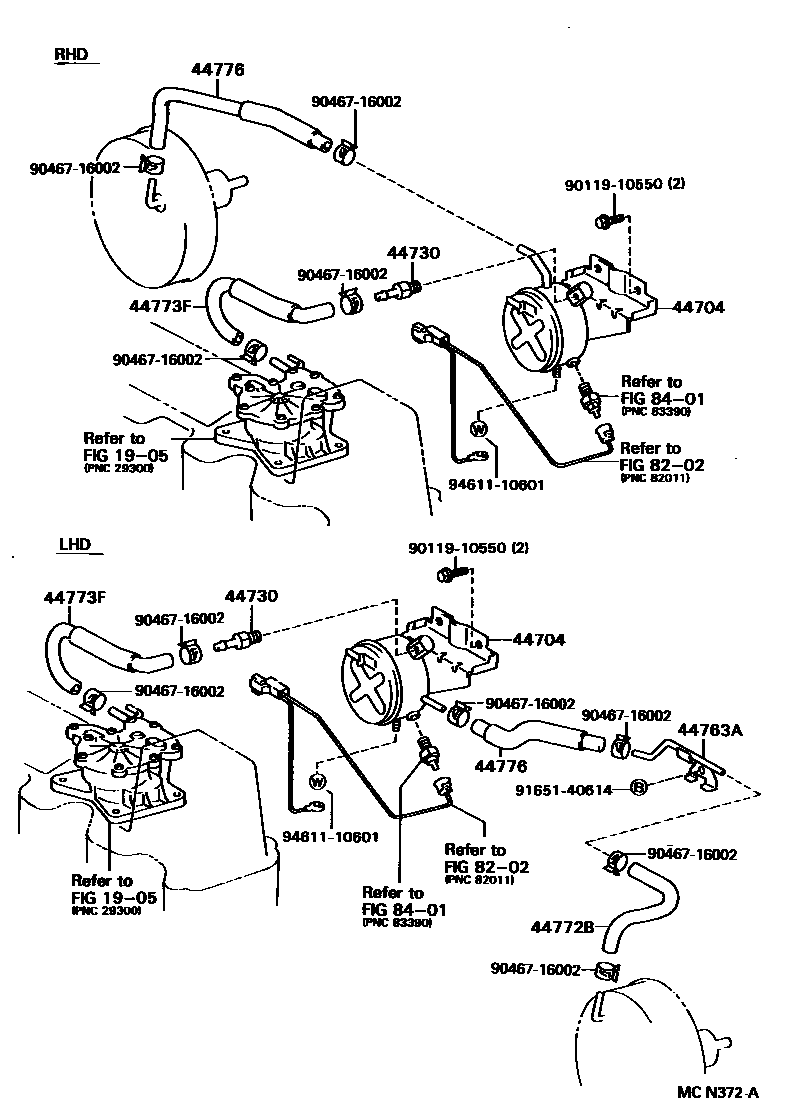 Toyota COROLLA 制动助力器和真空管 EPC diagram — MCN372A