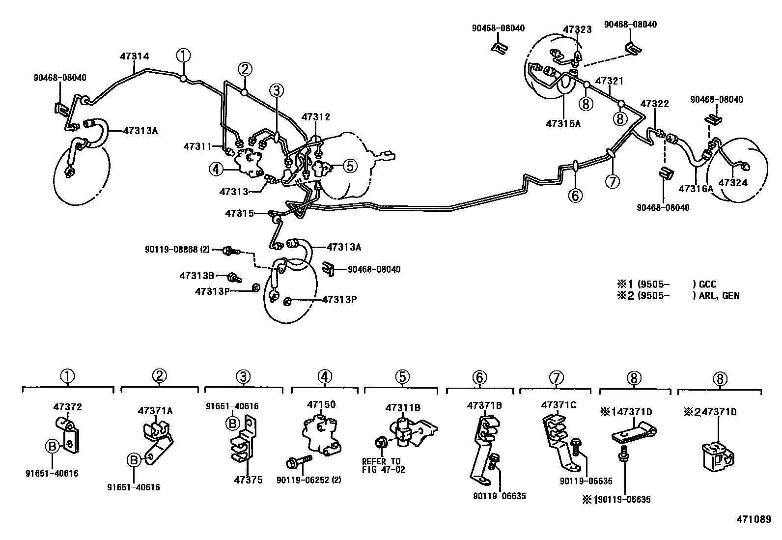 Toyota COROLLA 制动配管和卡箍 EPC diagram — 471089