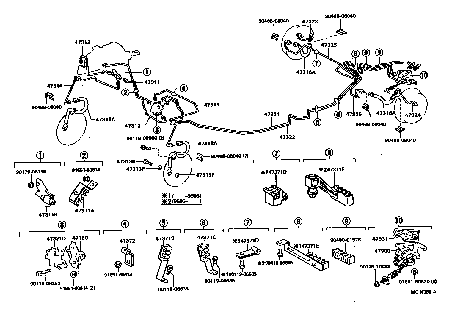 Toyota COROLLA 制动配管和卡箍 EPC diagram — MCN380A