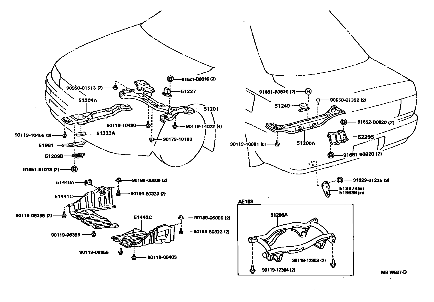 Toyota COROLLA 悬架横梁和发动机底罩 EPC diagram — MBW827D