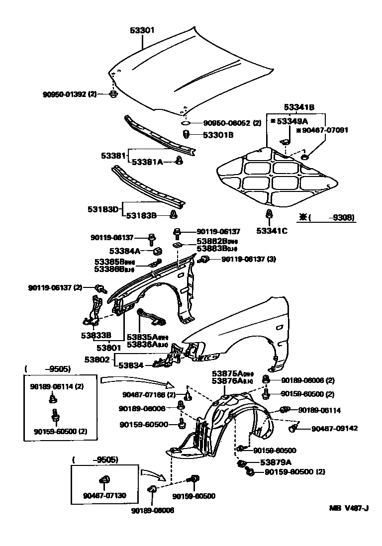 Toyota COROLLA 发动机盖和前翼子板 EPC diagram — MBV487J