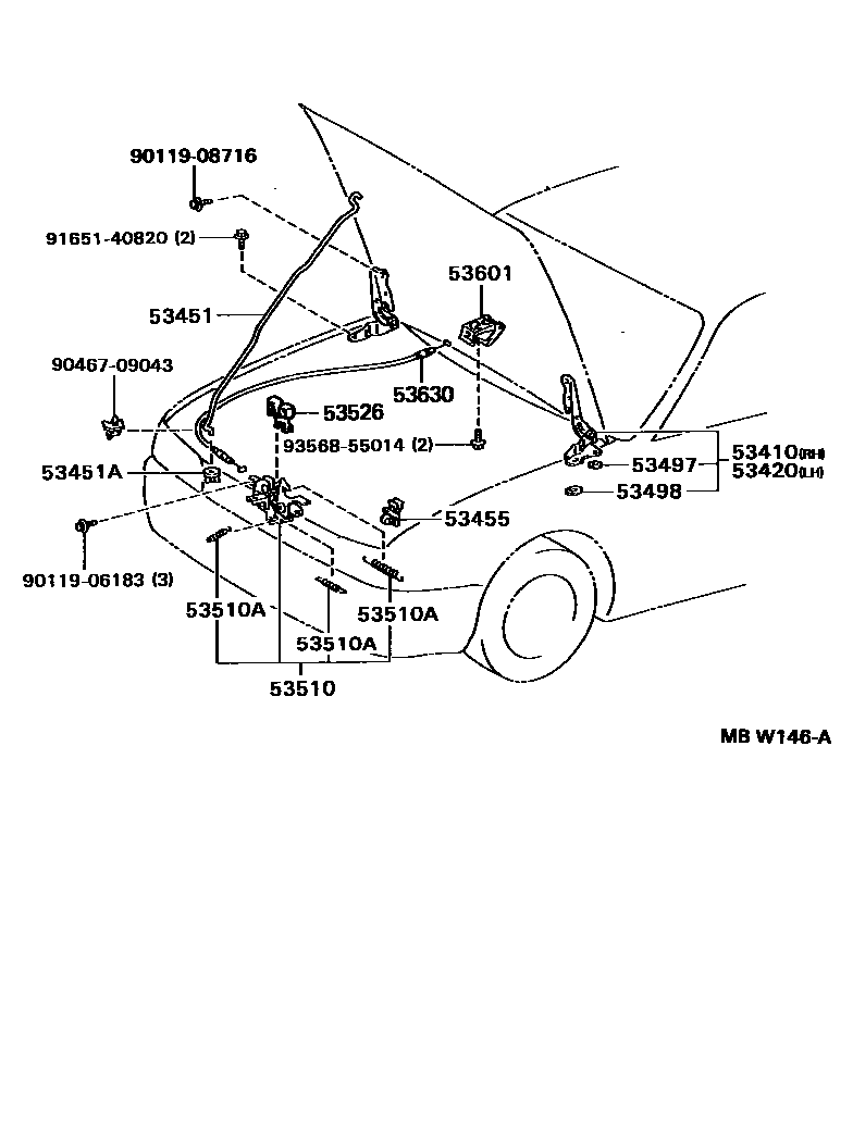 Toyota COROLLA 发动机盖锁和铰链 EPC diagram — MBW146A