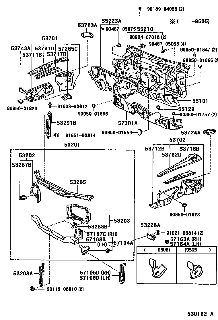 Toyota COROLLA 前翼子板挡泥板和前围板 EPC diagram — 530162A