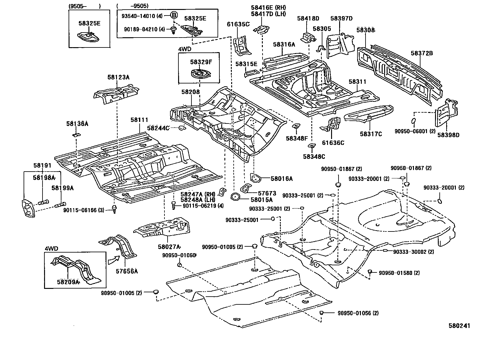 Toyota COROLLA 浅盘形地板和车身下背板 EPC diagram — 580241