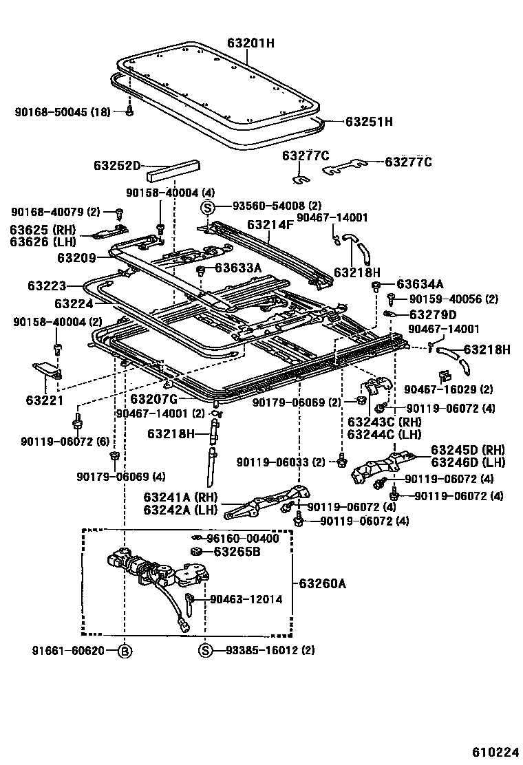 Toyota COROLLA 天窗板和背窗玻璃 EPC diagram — 610224