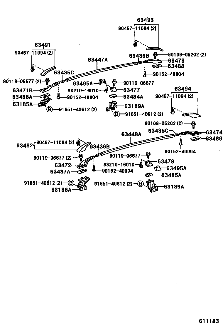 Toyota COROLLA 天窗板和背窗玻璃 EPC diagram — 611183
