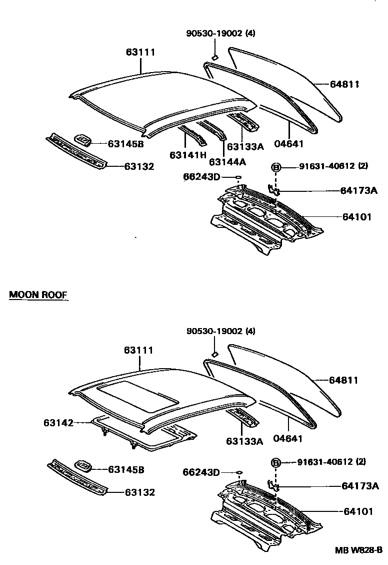 Toyota COROLLA 天窗板和背窗玻璃 EPC diagram — MBW828B
