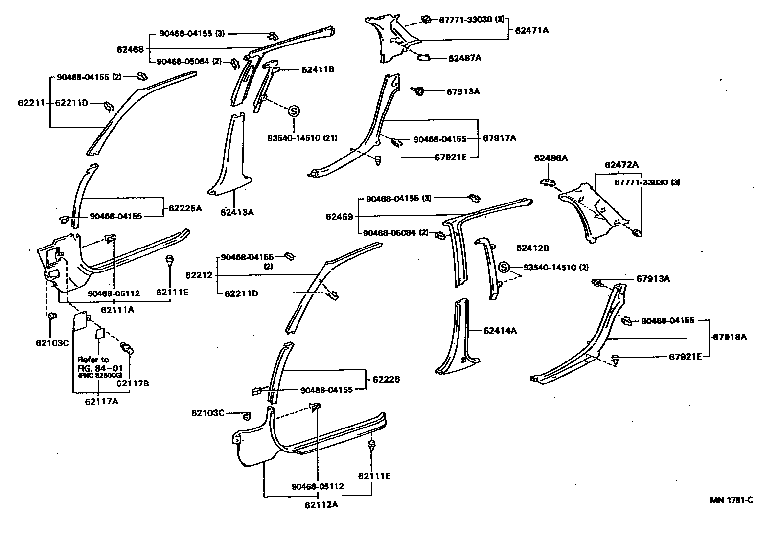 Toyota COROLLA 内饰板和车门防水胶条 EPC diagram — MN1791C