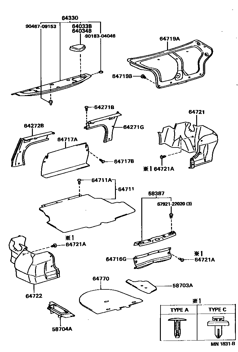 Toyota COROLLA 杂物箱板和行李箱垫 EPC diagram — MN1831B