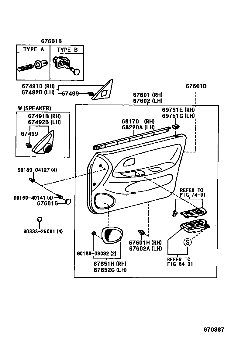 Toyota COROLLA 前门板和前门玻璃 EPC diagram — 670367