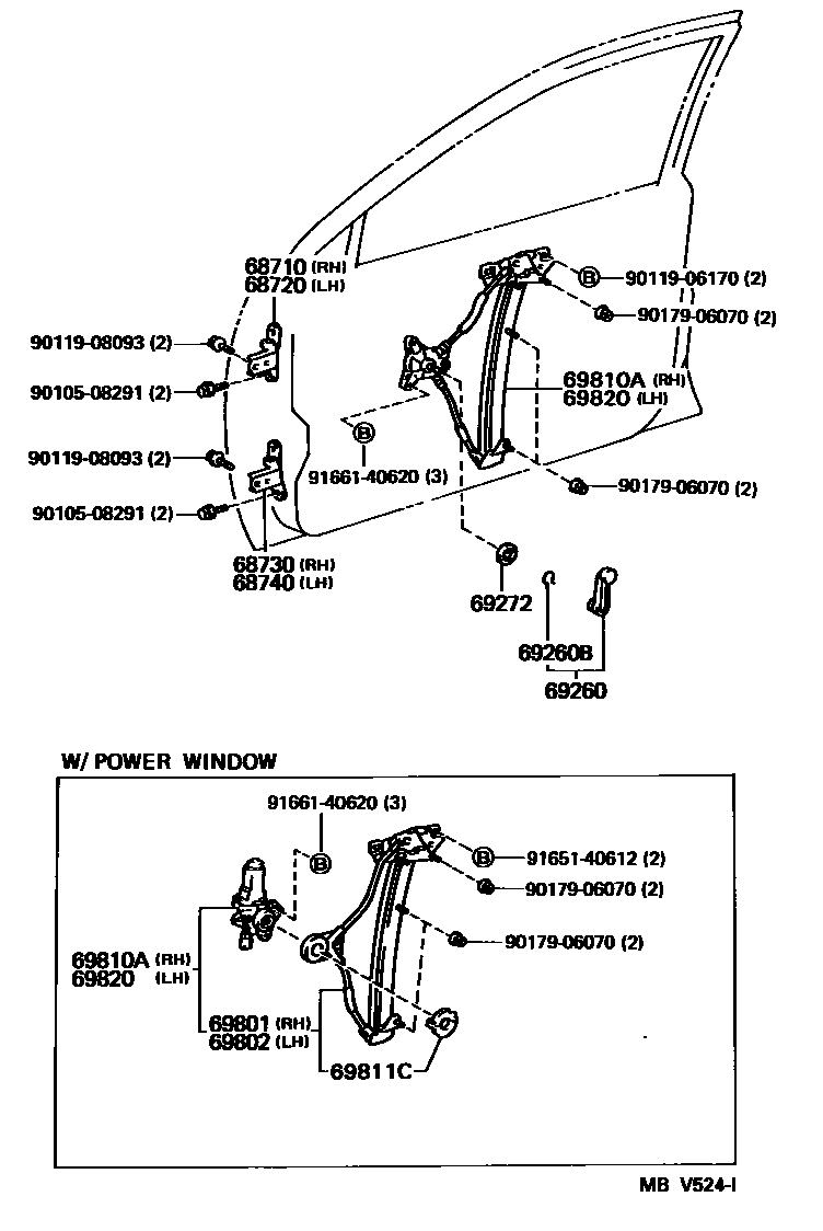 Toyota COROLLA 前门车窗升降器和合页 EPC diagram — MBV524I