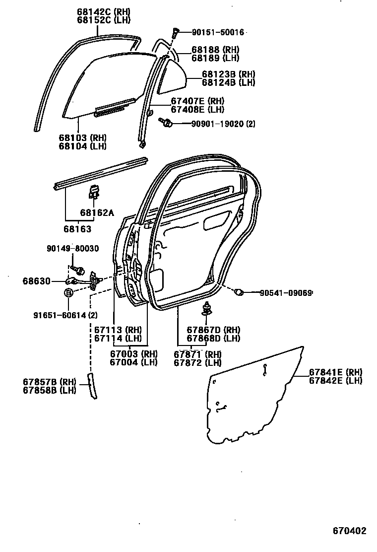 Toyota COROLLA 后门板和后门玻璃 EPC diagram — 670402