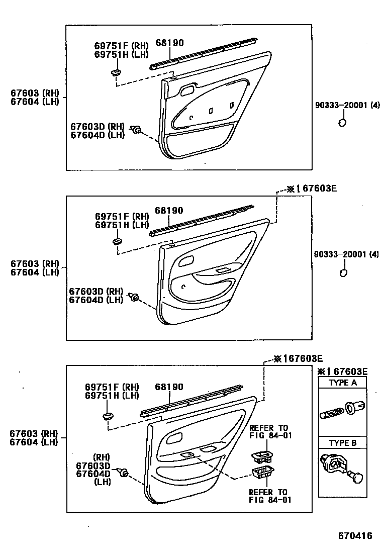 Toyota COROLLA 后门板和后门玻璃 EPC diagram — 670416