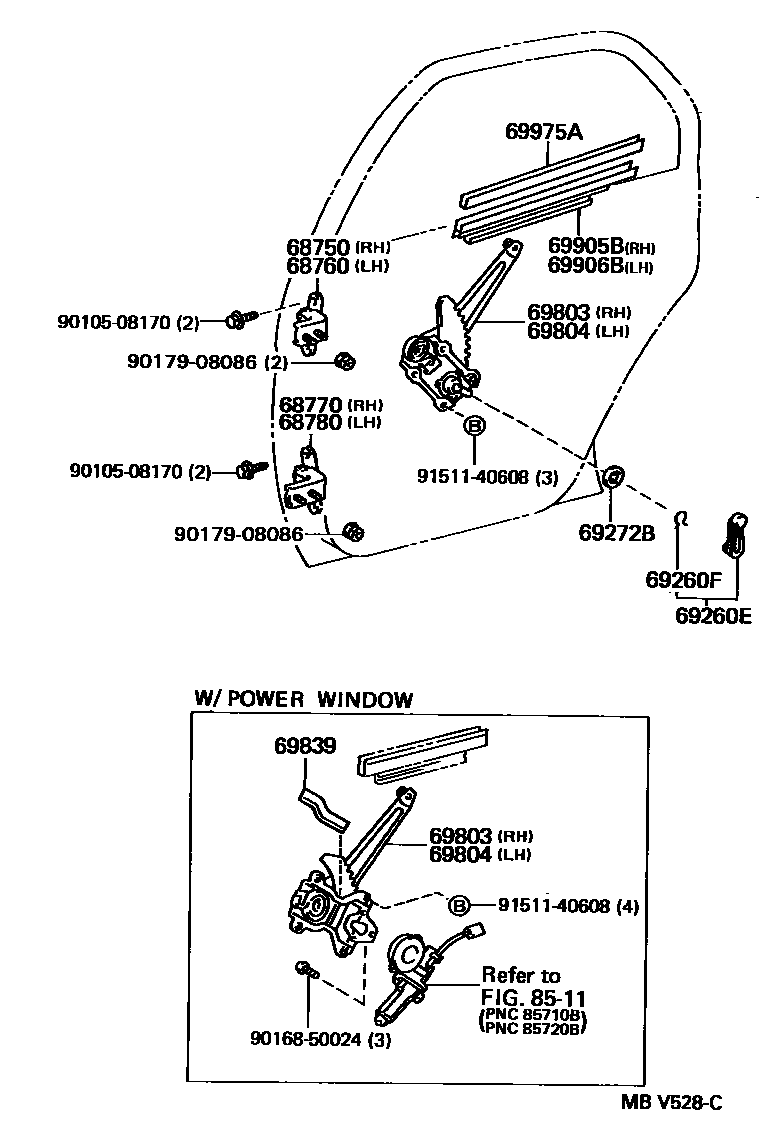 Toyota COROLLA 后门车窗升降器和合页 EPC diagram — MBV528C
