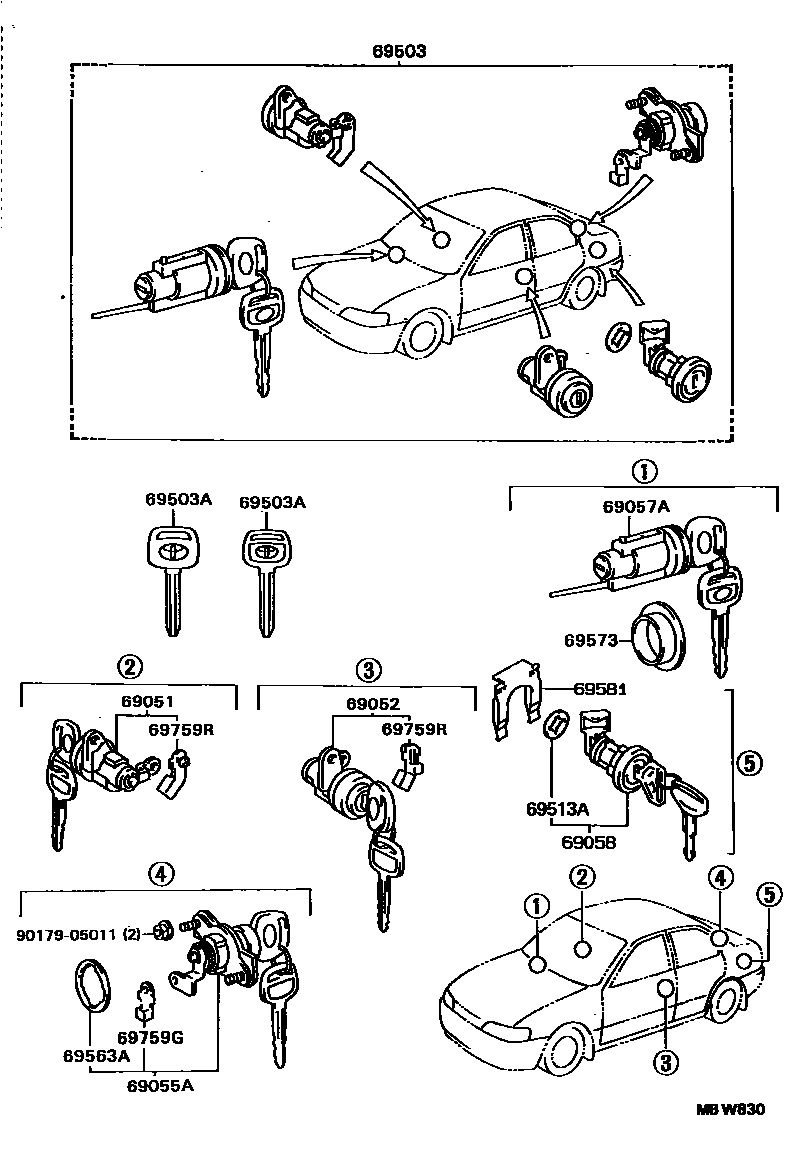 Toyota COROLLA 锁芯组件 EPC diagram — MBW830