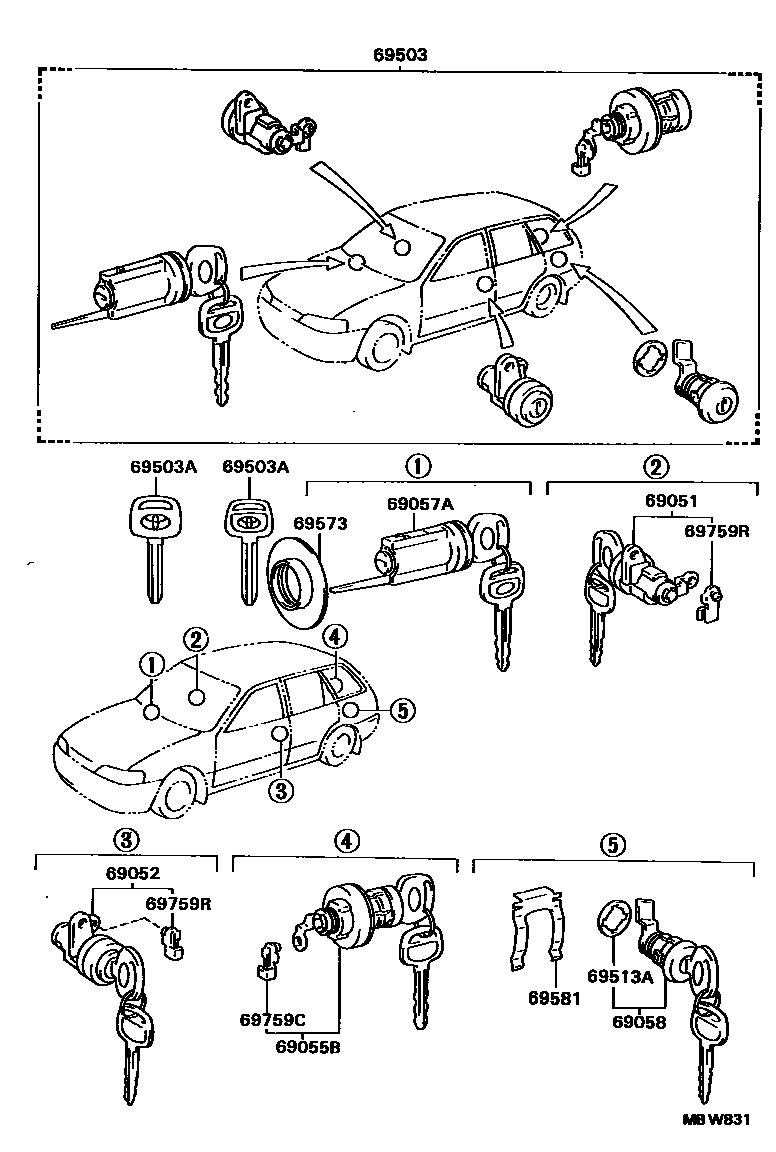 Toyota COROLLA 锁芯组件 EPC diagram — MBW831