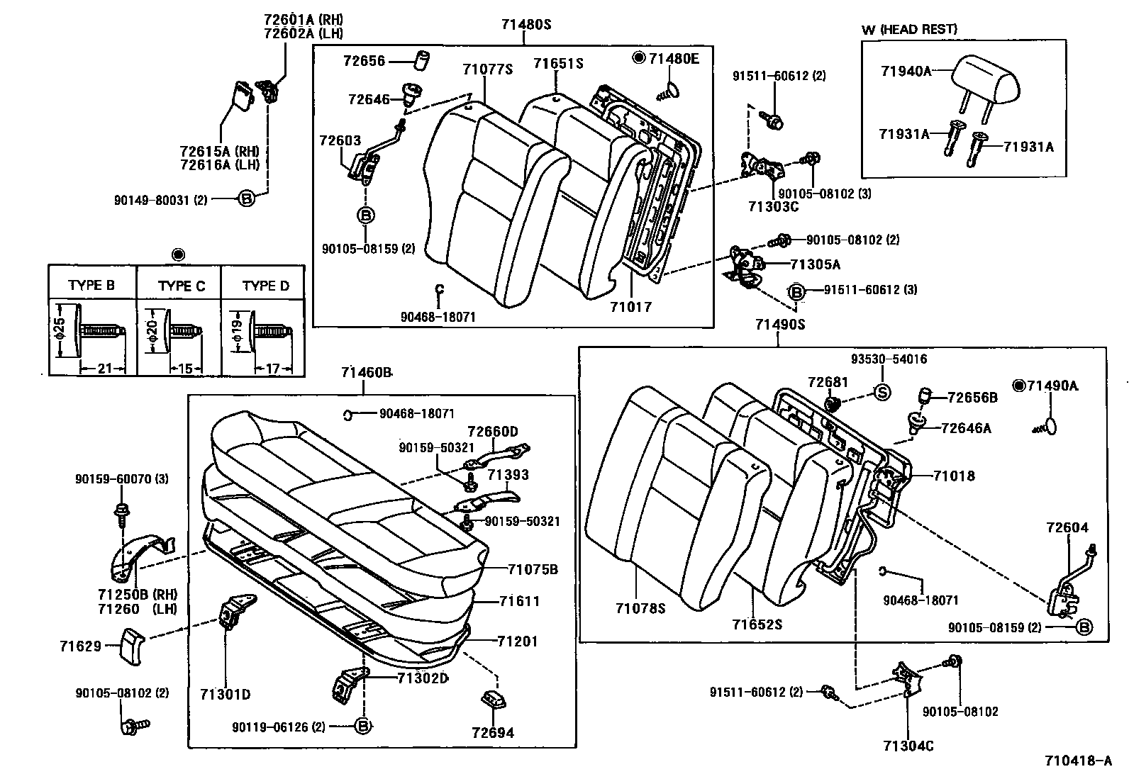 Toyota COROLLA 后排座椅和座椅滑轨 EPC diagram — 710418A