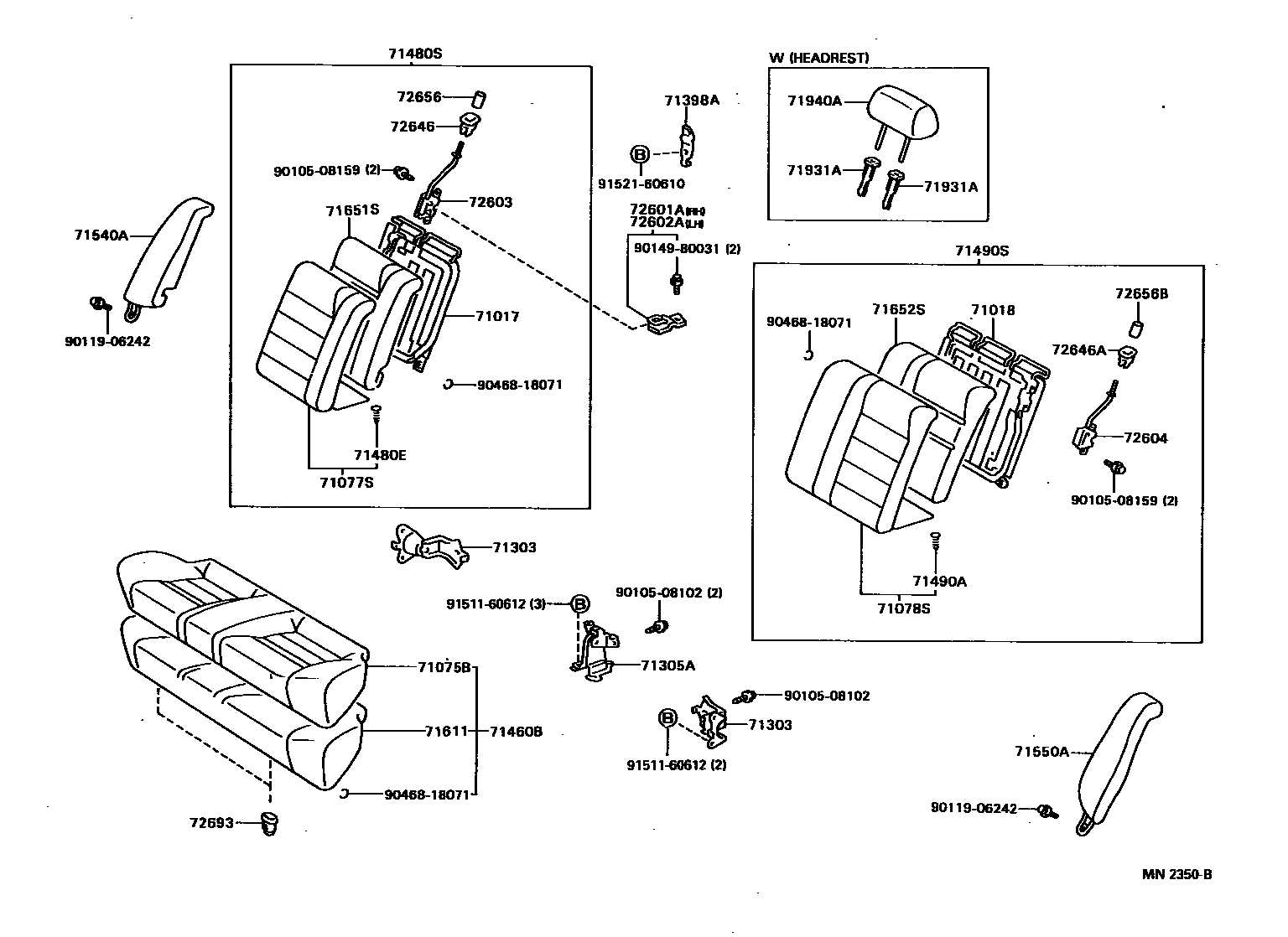 Toyota COROLLA 后排座椅和座椅滑轨 EPC diagram — MN2350B