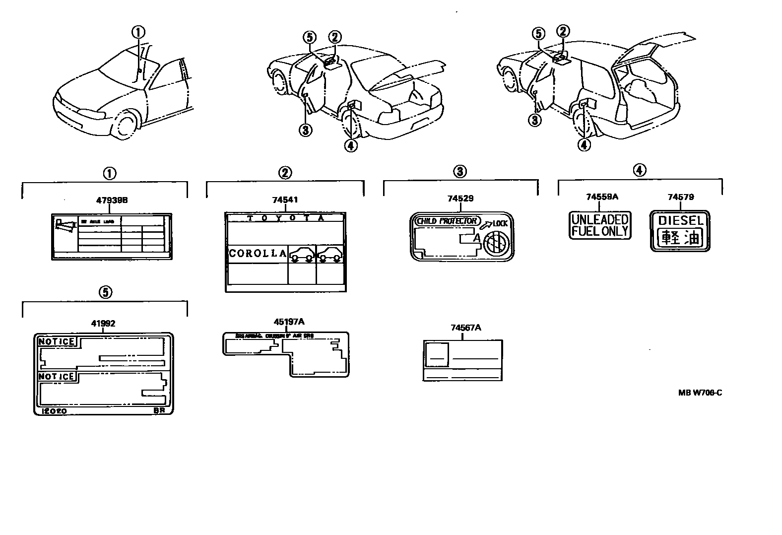 Toyota COROLLA 警示铭牌(车外和车内) EPC diagram — MBW706C