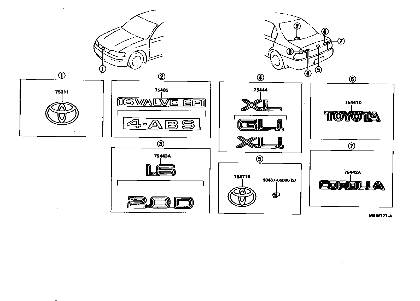 Toyota COROLLA 丰田徽标和铭牌(车外和车内) EPC diagram — MBW727A