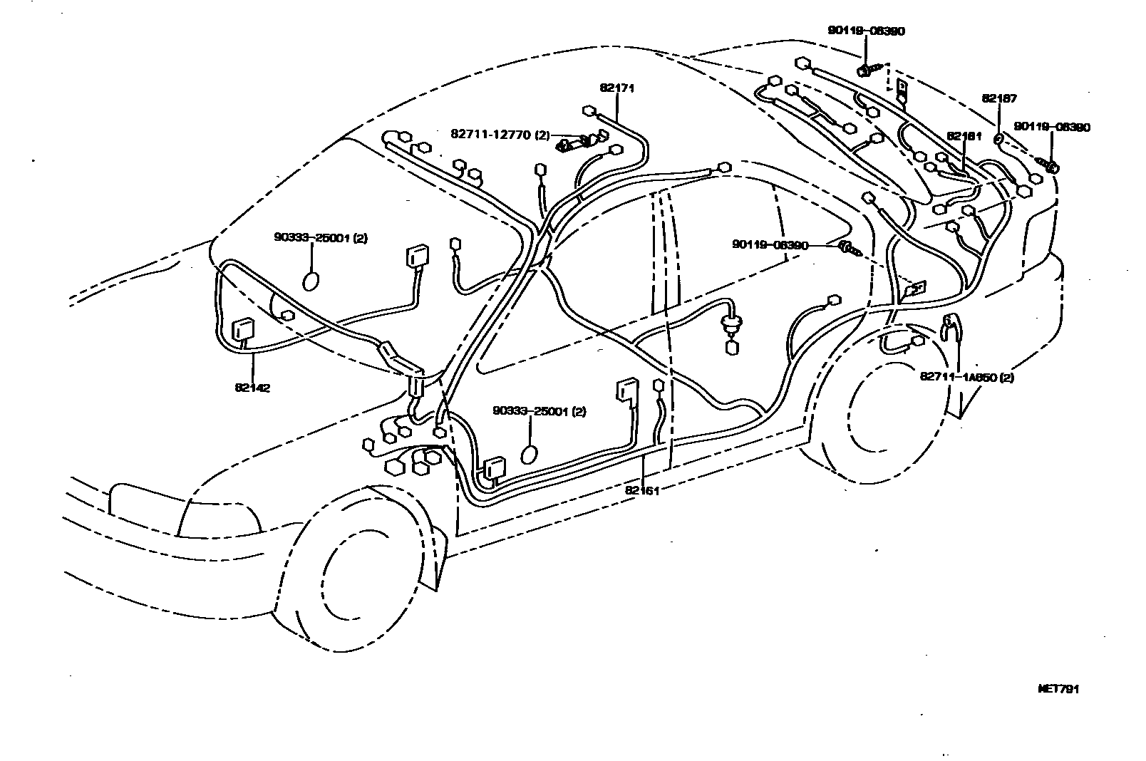 Toyota COROLLA 线束和卡夹 EPC diagram — MET791