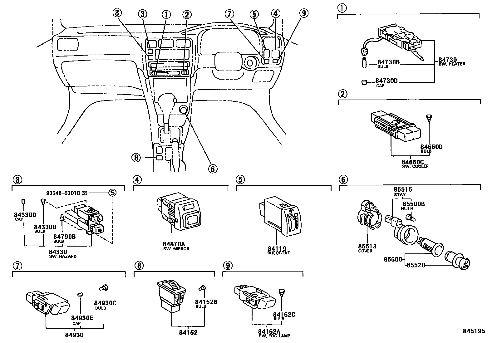 Toyota COROLLA 开关和继电器和ECU EPC diagram — 845195