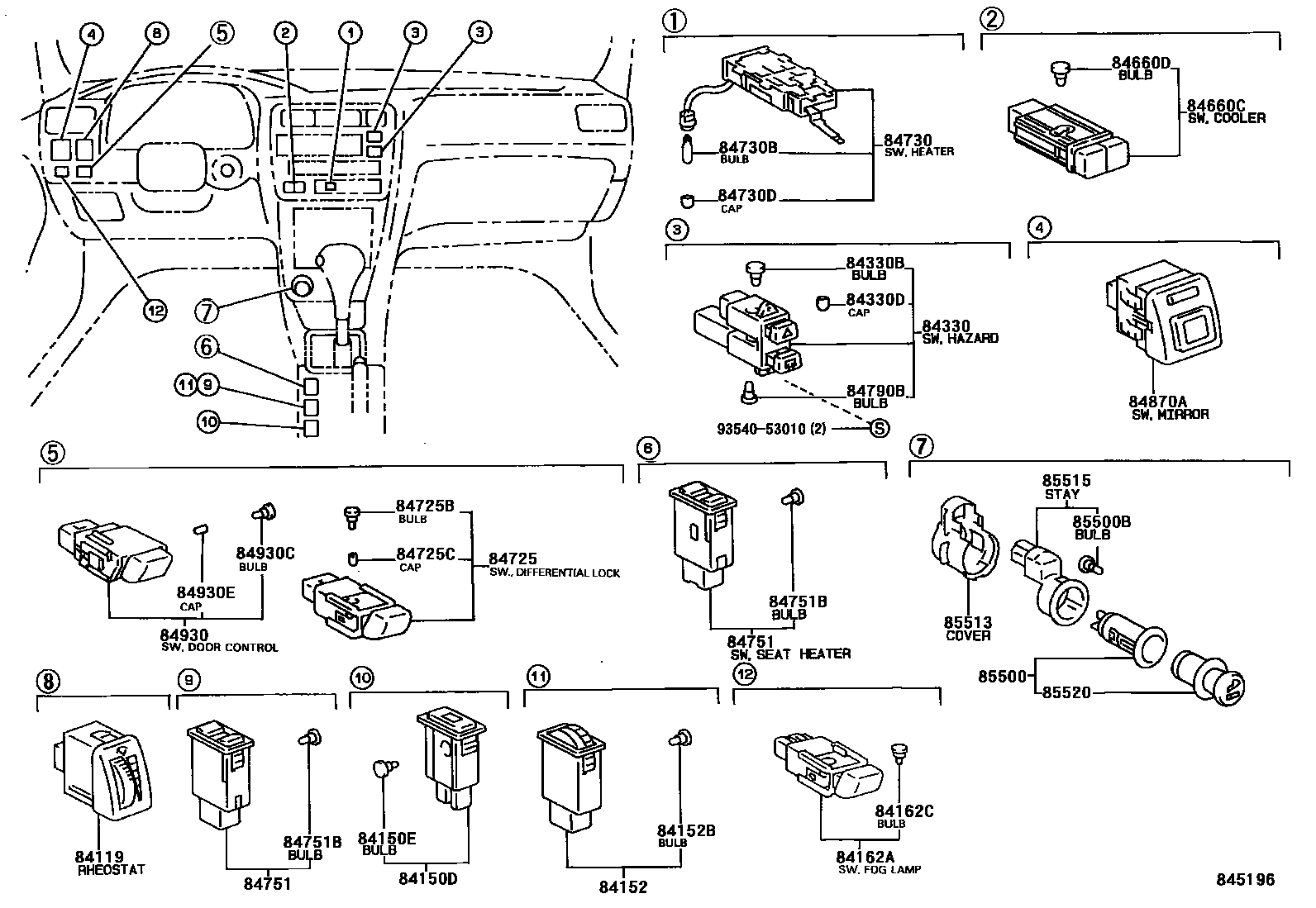 Toyota COROLLA 开关和继电器和ECU EPC diagram — 845196