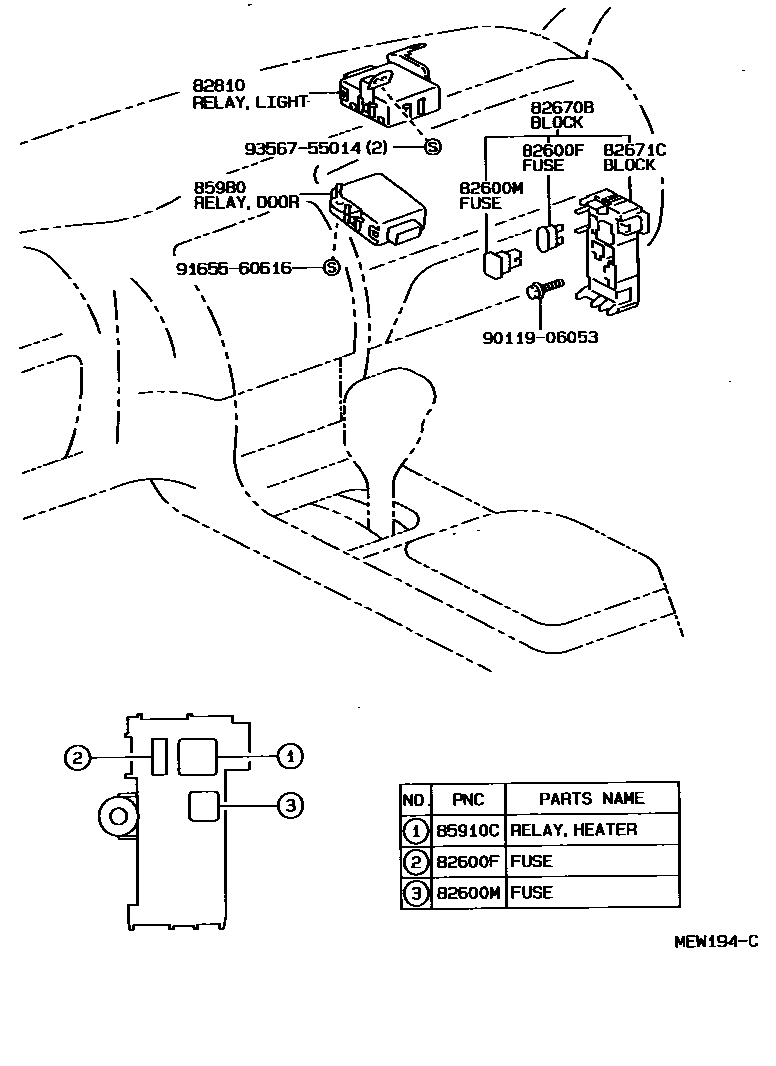 Toyota COROLLA 开关和继电器和ECU EPC diagram — MEW194C