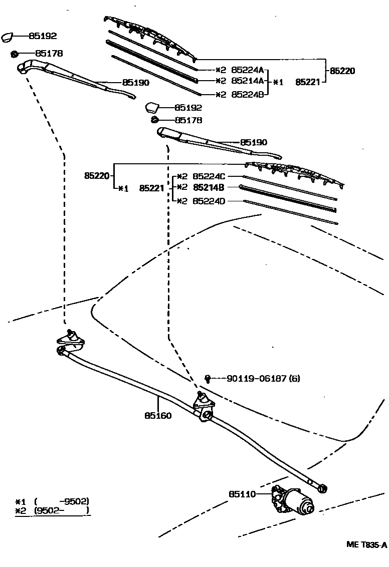 Toyota COROLLA 挡风玻璃刮水器 EPC diagram — MET835A