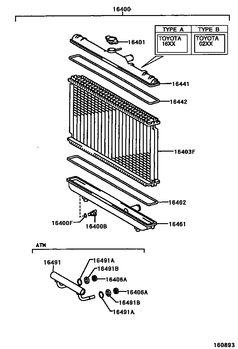 Toyota COROLLA RADIATOR & WATER OUTLET EPC diagram — 160893