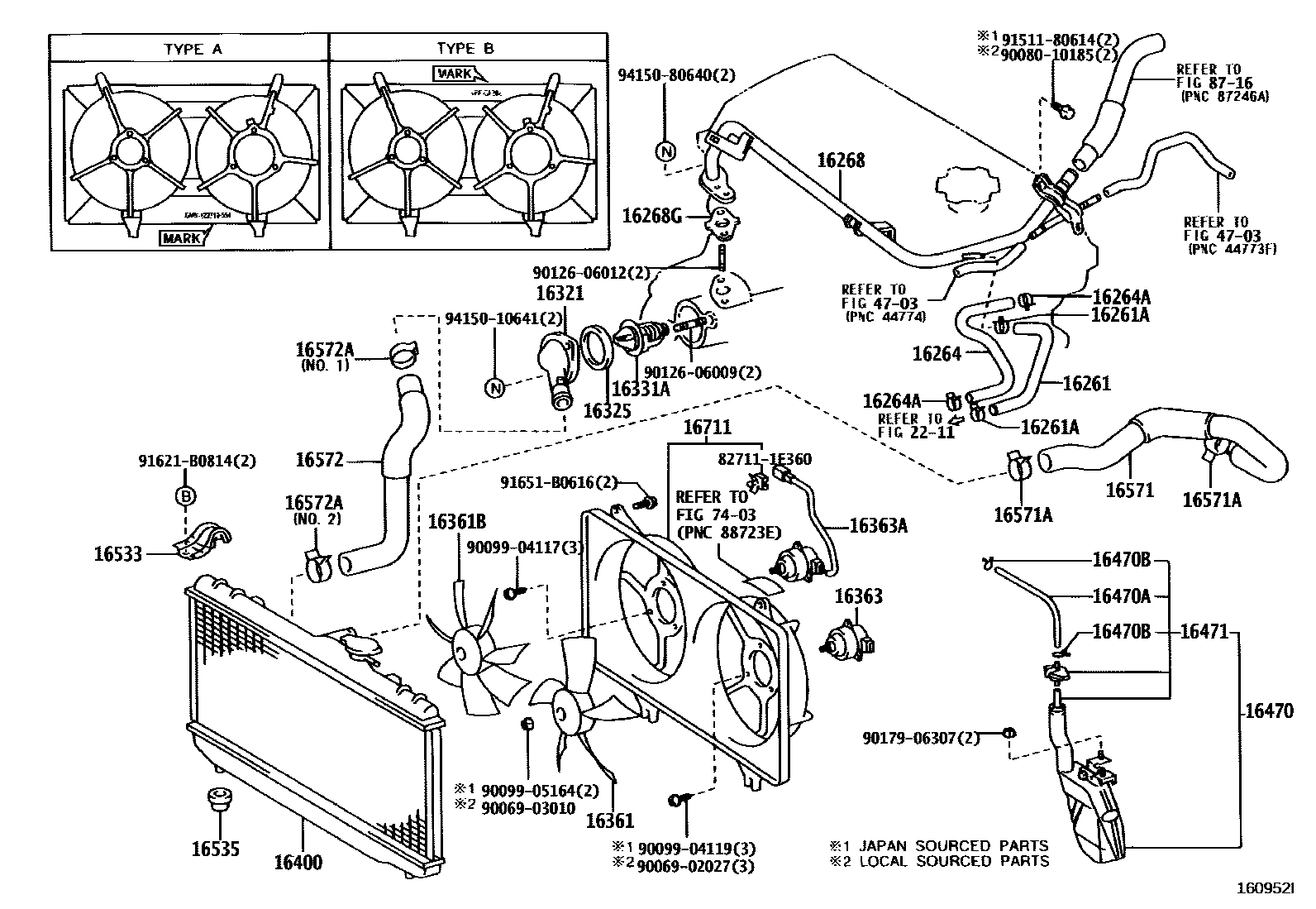 Toyota COROLLA RADIATOR & WATER OUTLET EPC diagram — 160952I
