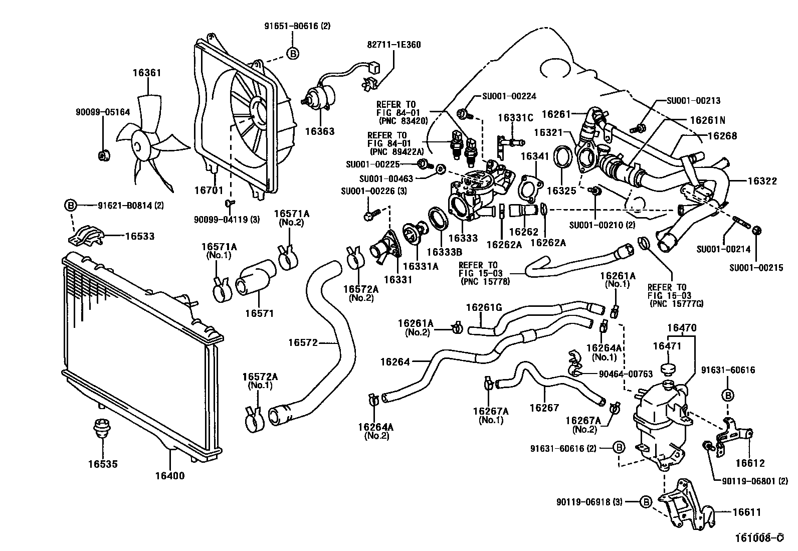 Toyota COROLLA RADIATOR & WATER OUTLET EPC diagram — 161008C