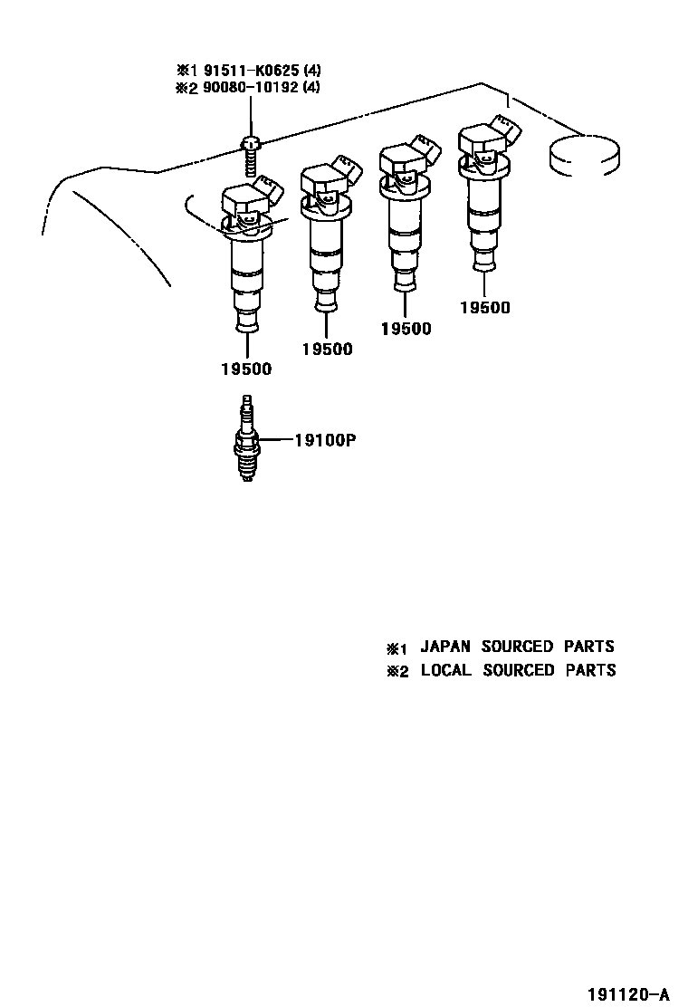 Toyota COROLLA 点火线圈和火花塞 EPC diagram — 191120A
