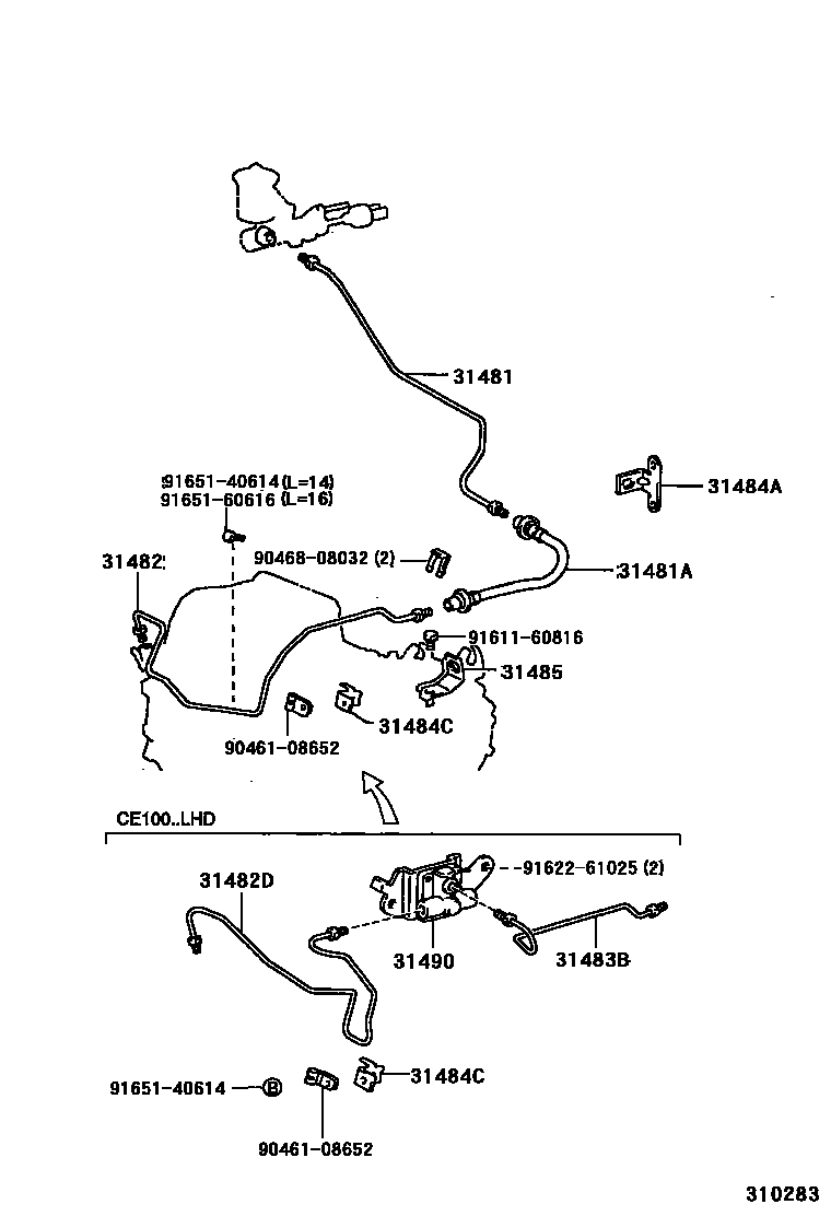 Toyota COROLLA 离合器踏板和挠性软管 EPC diagram — 310283