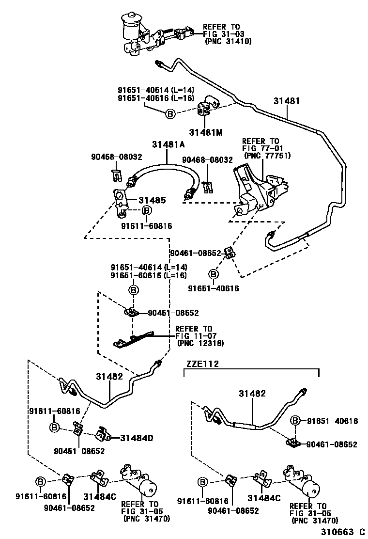 Toyota COROLLA 离合器踏板和挠性软管 EPC diagram — 310663C