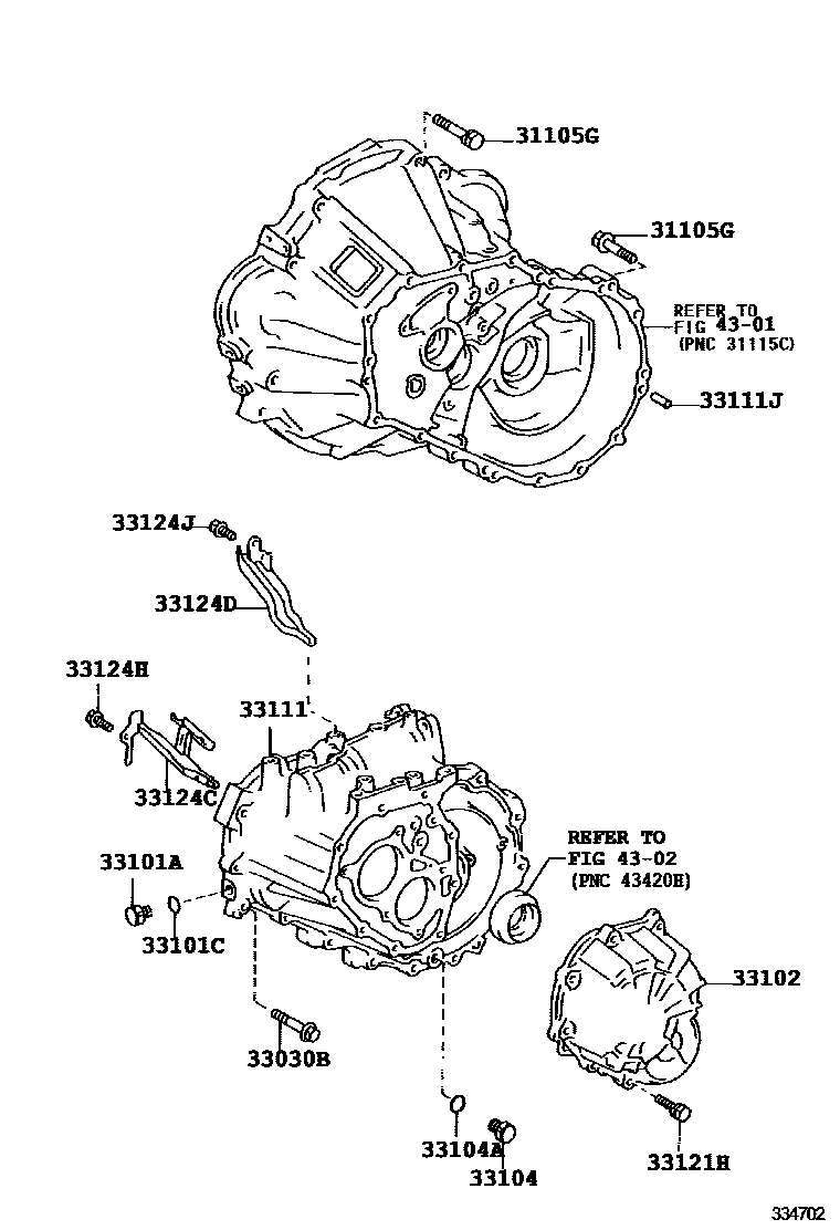Toyota COROLLA 离合器壳和变速器壳(MTM) EPC diagram — 334702