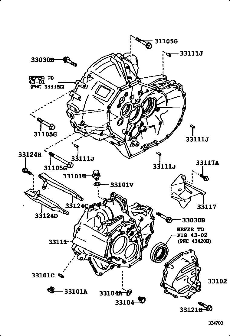 Toyota COROLLA 离合器壳和变速器壳(MTM) EPC diagram — 334703