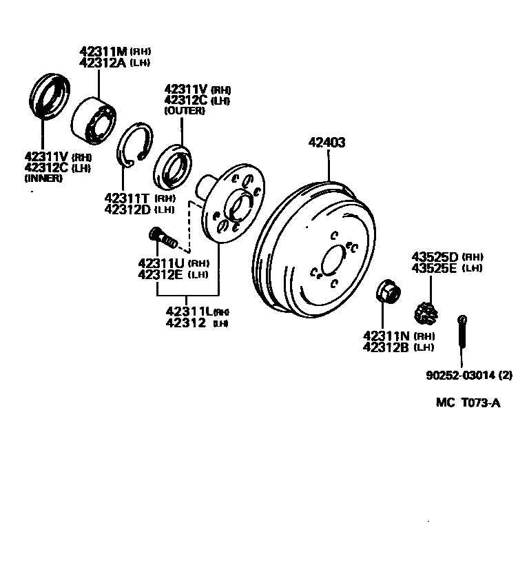 Toyota COROLLA 后桥半轴和后桥轮毂 EPC diagram — MCT073A