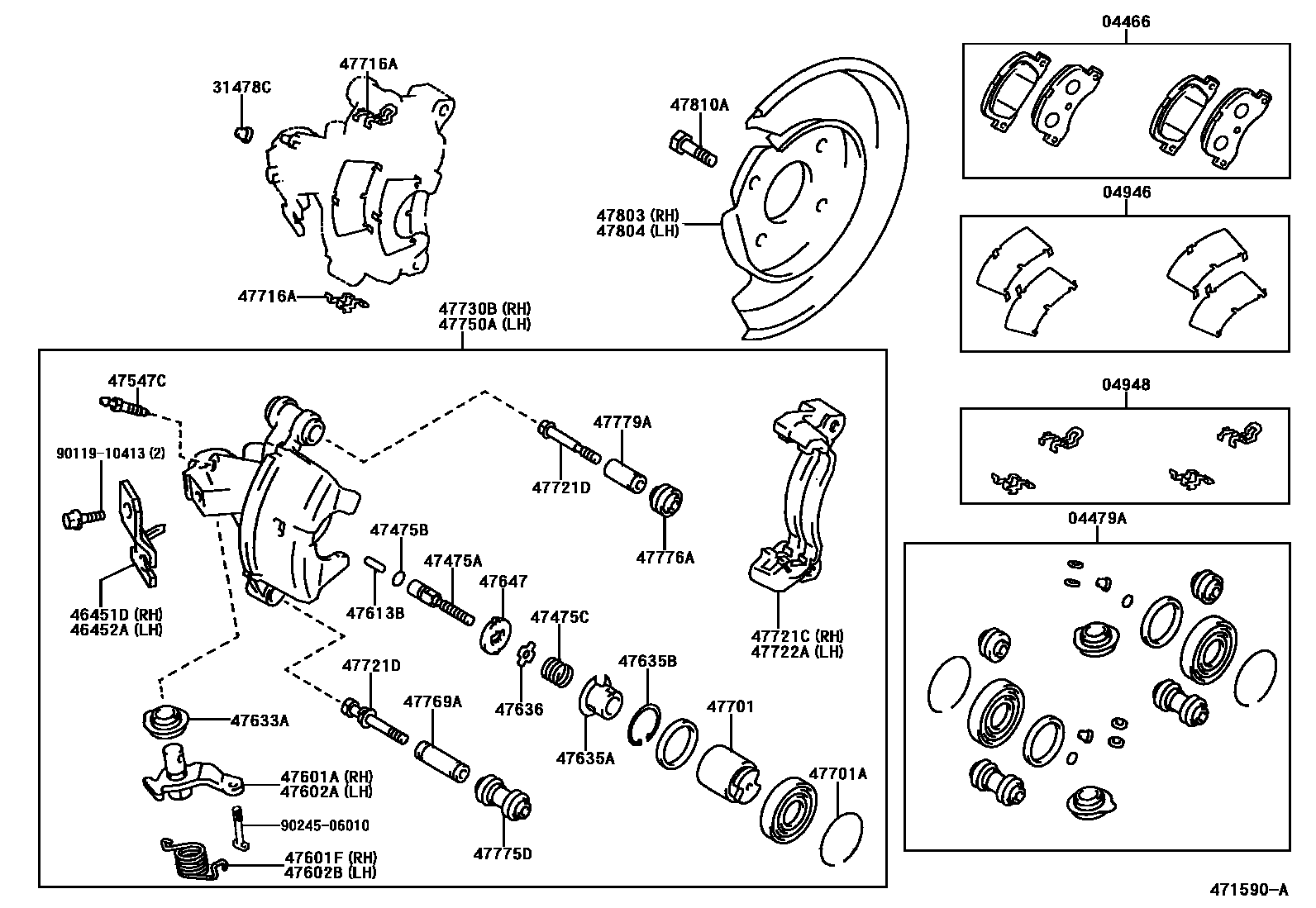 Toyota COROLLA 后盘式制动器卡钳和防尘罩 EPC diagram — 471590A