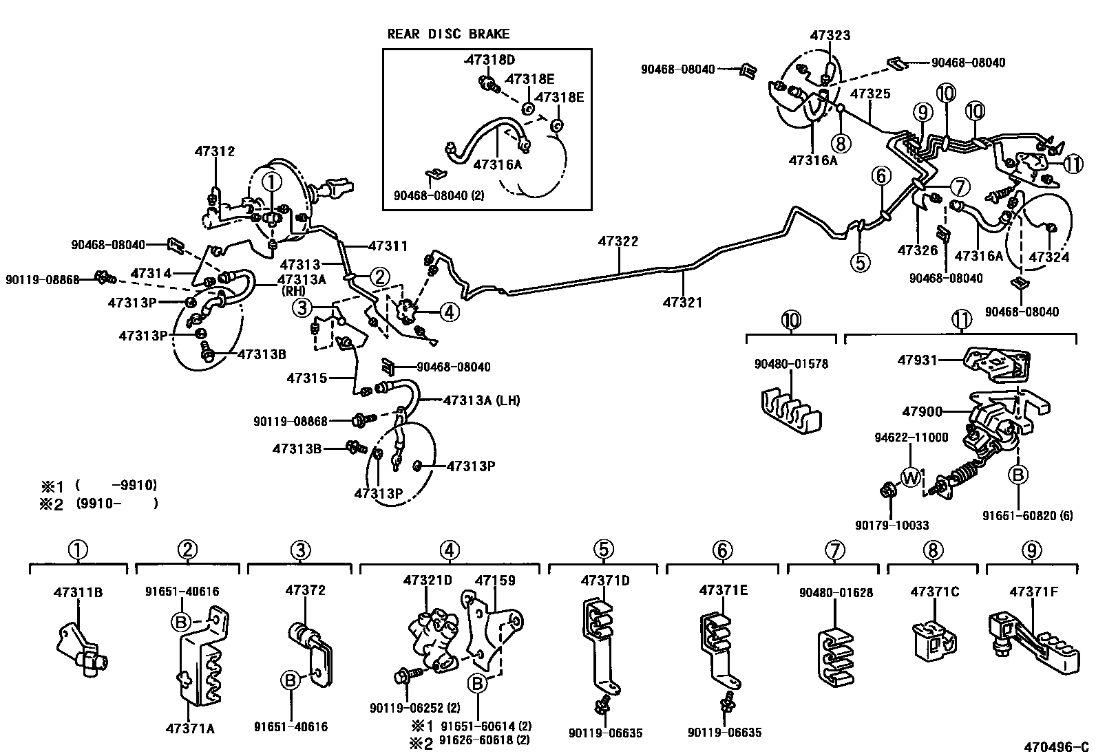 Toyota COROLLA 制动配管和卡箍 EPC diagram — 470496C