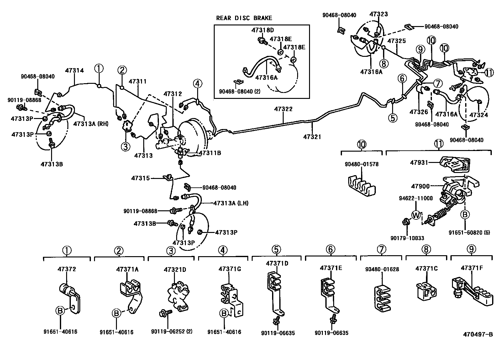 Toyota COROLLA 制动配管和卡箍 EPC diagram — 470497B