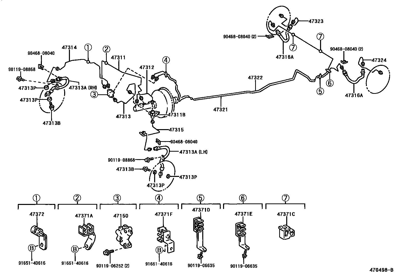 Toyota COROLLA 制动配管和卡箍 EPC diagram — 470498B