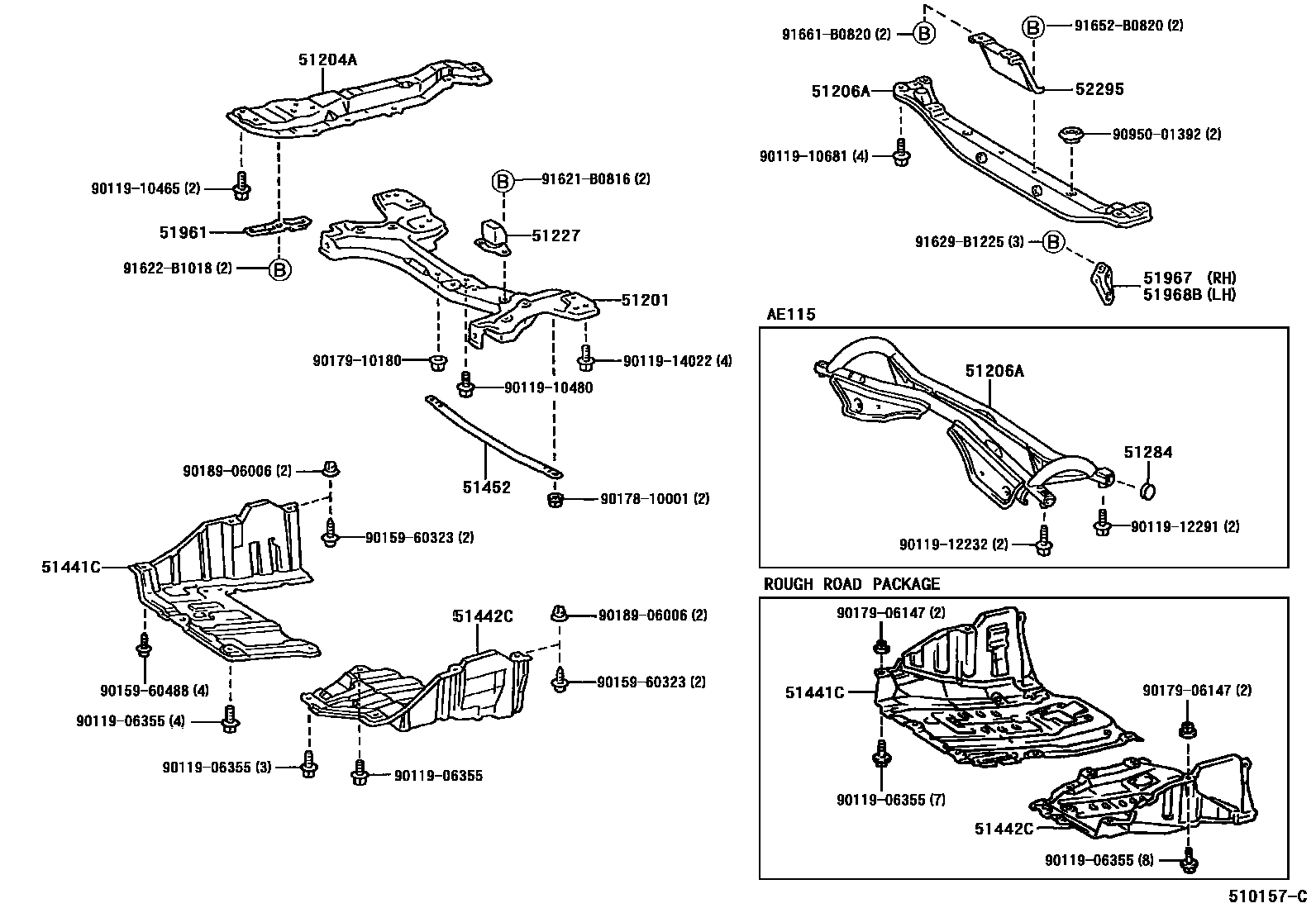 Toyota COROLLA 悬架横梁和发动机底罩 EPC diagram — 510157C